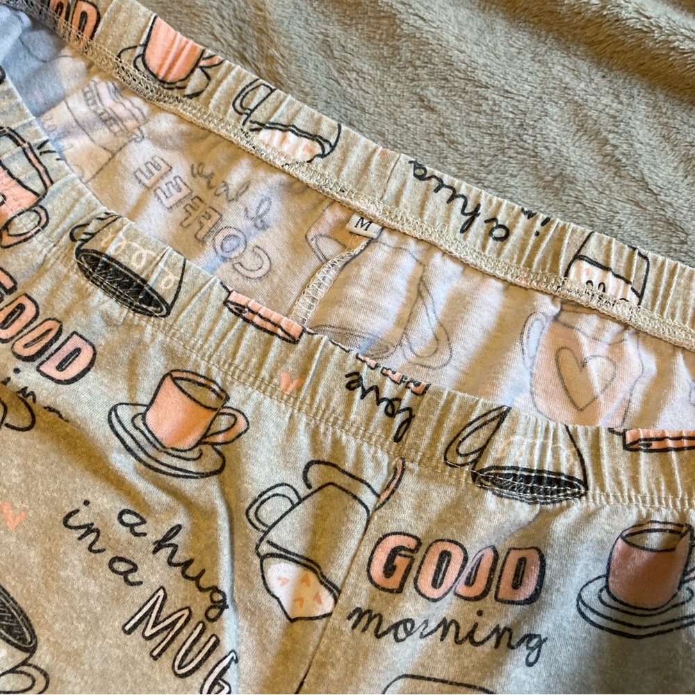 Enjoy Night Coffee Print Pajama Set in Dove Grey, Pink, and White‎ | Capri Pants - Picture 7 of 15
